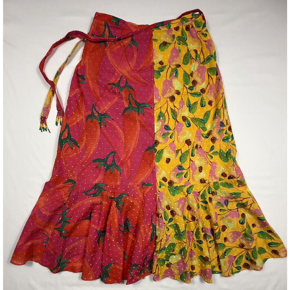 Anthropologie Farm Rio Garden Mix Print Wrap Skirt S Yellow Pears Pink Peppers  - Picture 5 of 10